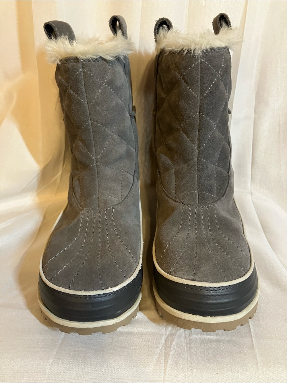 Sorel Trivoli ll Winter Boots. Gray Quilted Suede. Faux-Fur.